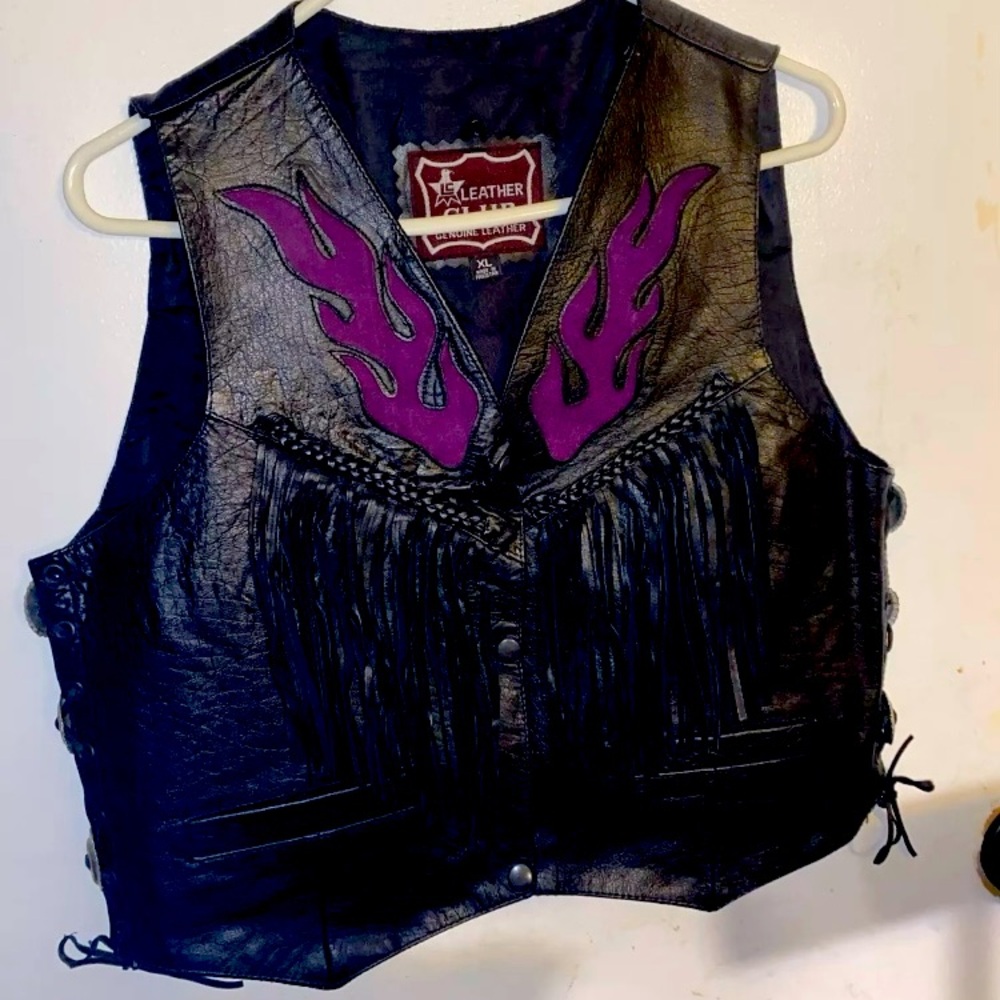 Leather club bikers vest with purple flames